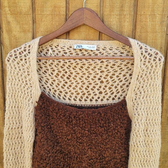 Zara Crotched Knit Fuzzy Crop Top Tan & Brown Womens Size L - Picture 2 of 10